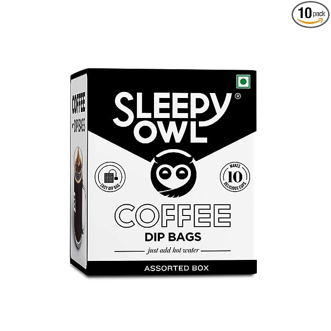 Sleepy Owl Assorted Hot Brew Coffee Bags | 10 Bags - 5 Delicious Flavours - French Vanilla, Dark Roast, Cinnamon, Hazelnut, Original | 5 Minute Brew - No Equipment Needed | 100% Arabica | Makes 10 Cups Sleepy Owl Assorted Hot Brew Coffee Bags | 10 Bags - 5 Delicious Flavours - French Vanilla, Dark Roast, Cinnamon, Hazelnut, Original | 5 Minute Brew - No Equipment Needed | 100% Arabica | Makes 10 Cups